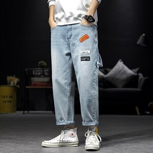 2021春秋季新日系大码男美式直筒布标九分破洞牛仔裤N8001-P45图片
