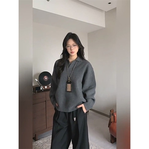 重磅秋冬北极绒亨利领毛衣开衫美式复古休闲慵懒风纯色翻领针织衫图片