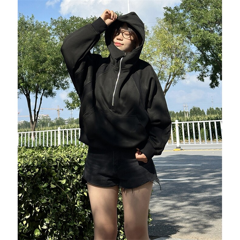 抖音得物二开美式重磅宽松结构拉链设计防风高领连帽卫衣外套W76,男装卫衣,电商A486-1