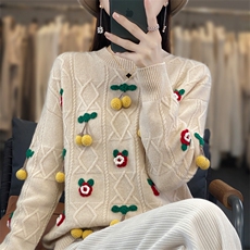 2025年夏季宽松型常规套头单件长袖圆领羊毛衫时尚百搭，女装羊毛衫，春贝羊绒