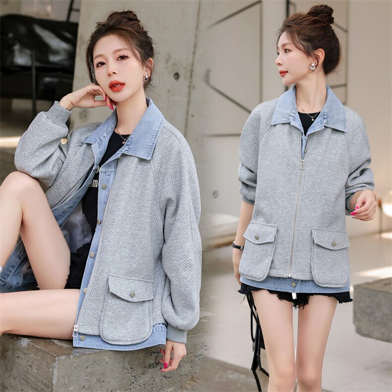 独特超好看牛仔拼接假两件外套女春秋2025新款设计感小众工装夹克，女装短外套，靓星雨