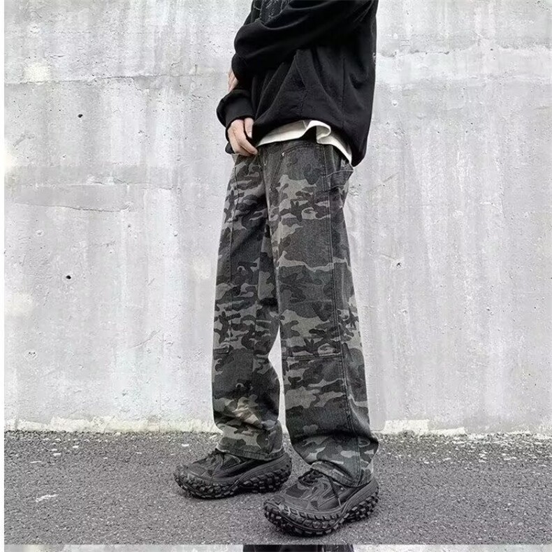 美式迷彩伐木裤男款秋季高街宽松直筒风工装牛仔裤阔腿M110P42,男装牛仔裤,星座1013-1