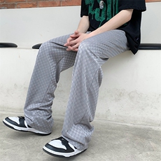棋盘格冰丝阔腿裤男日系慵懒坠感夏季休闲拖地裤长裤K3543-P35，男装休闲裤，星座512-4