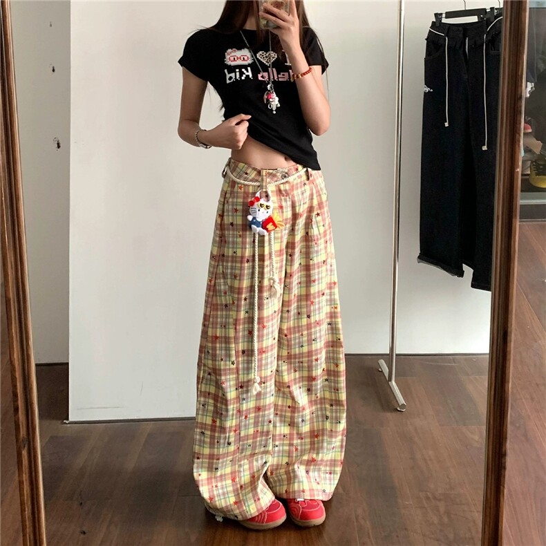 格子弯刀休闲裤女设计感宽松阔腿裤拖地裤带公仔饰品XQ1275-p52图片