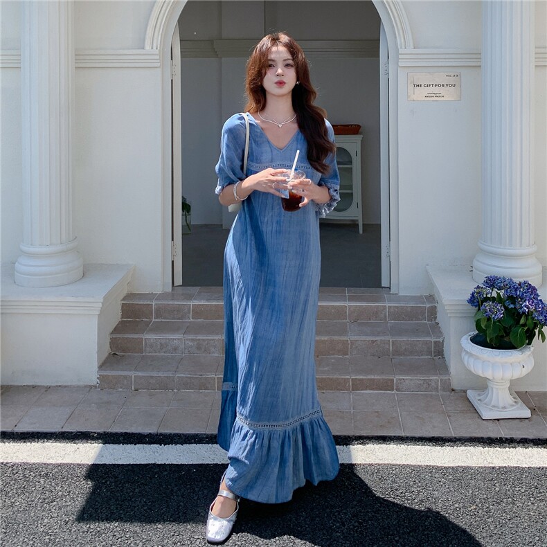 法式超火浪漫蓝色连衣裙女夏2025新款海边度假超好看长裙洋气绝美,女装连衣裙,2C273