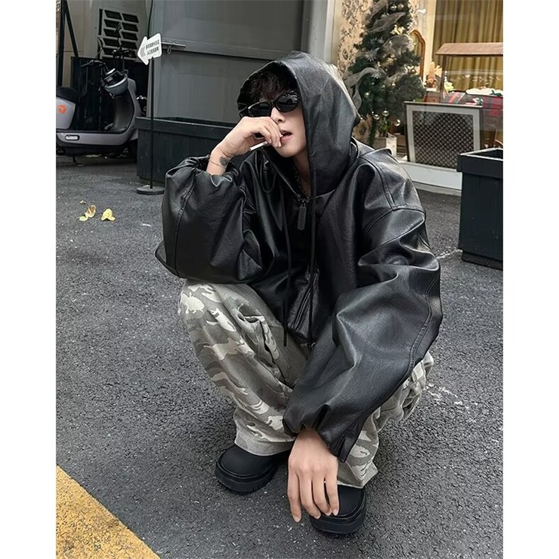 美式复古高街高级感PU皮衣外套男春秋款连帽宽松情侣夹克，男装夹克，星座601-2