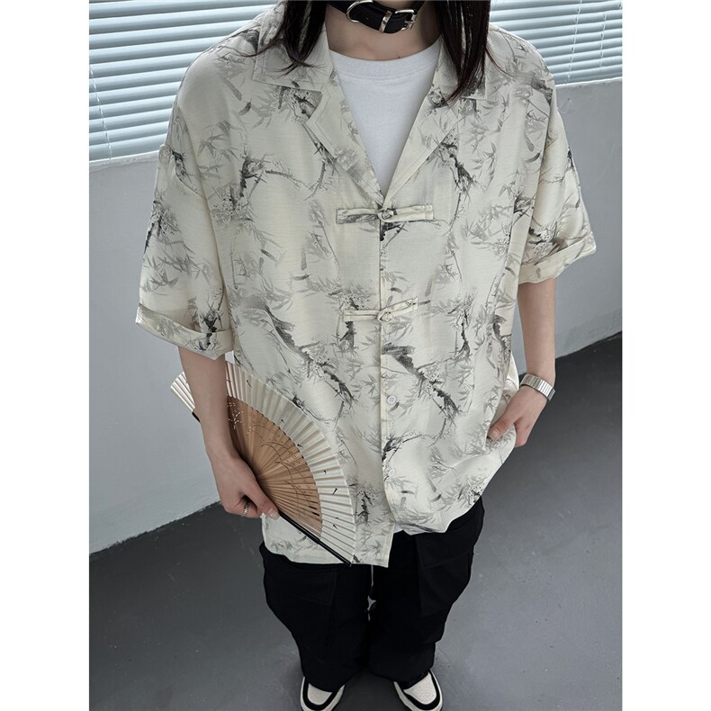新中式中性盘口提花冰丝垂感短袖衬衫男女情侣衬衣薄外套S311P48,男装T恤,电商A233-1