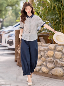 2026新款夏季纯棉波点泡泡袖减龄遮肉衬衫上衣短袖薄款九分裤套装图片