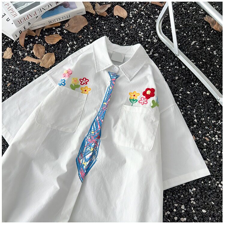 创意设计感花卉蜡笔手绘领带短袖衬衫男女学院风涂鸦衬衣Z76P40,男装T恤,星座1013-5