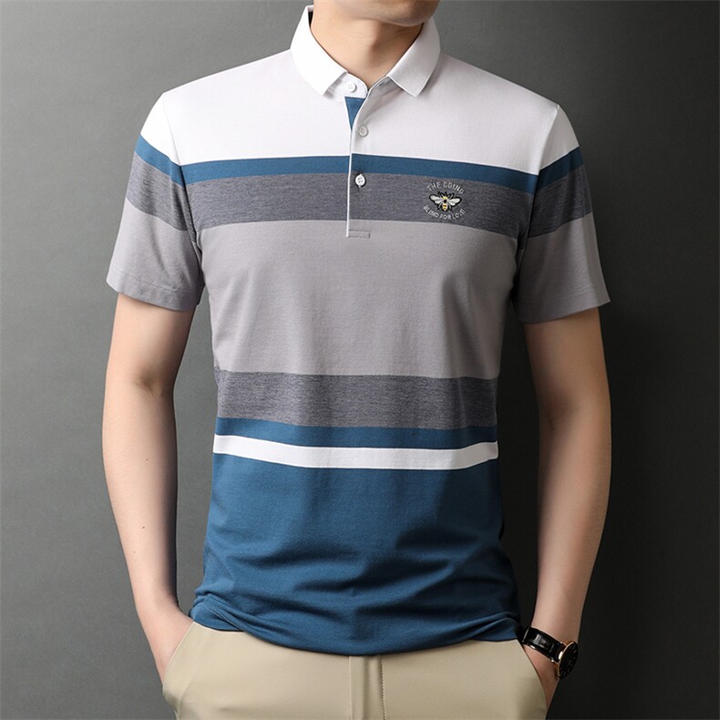 短袖T恤男夏季薄款翻领半袖中老年爸爸装衣服条纹t恤免烫透气上，男装T恤，电商B212（原钱塘6029）