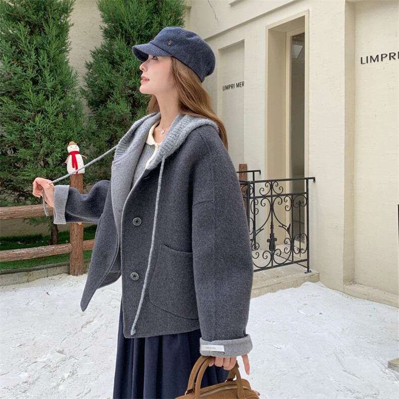 现货新款秋冬新款针织连帽拼接长袖羊绒外套女短款双面羊绒大衣潮，女装羊绒大衣，网红馆