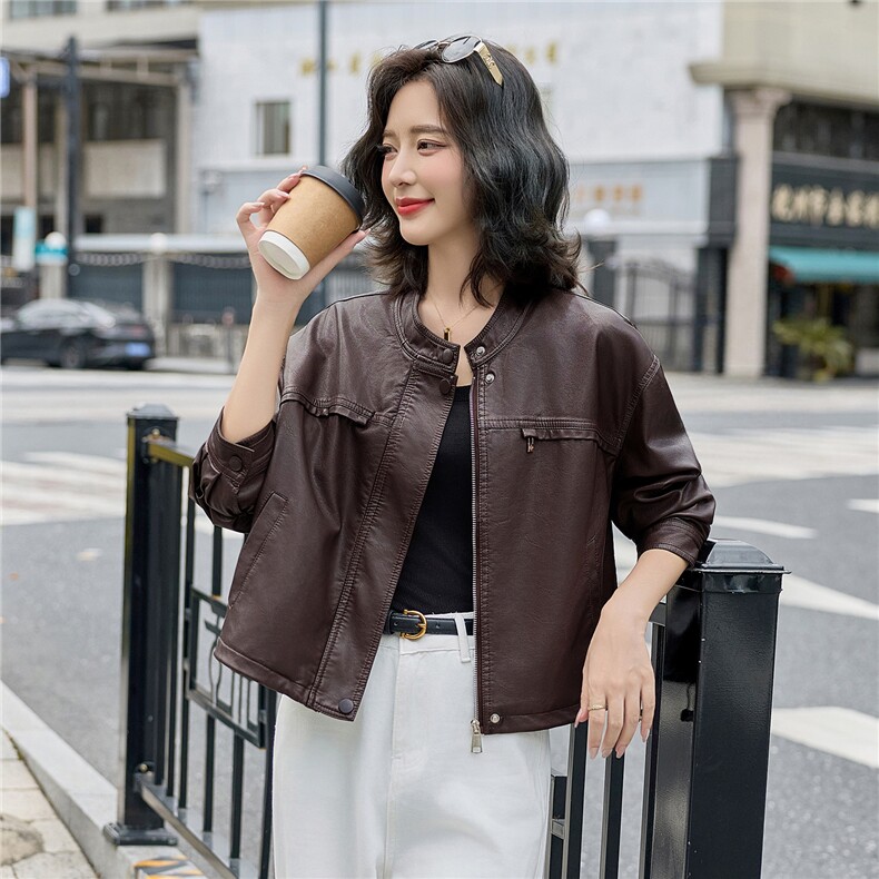 高级感咖色立领皮衣外套女2025秋季新款宽松休闲百搭短款夹克上衣,女装皮衣,梦依缘