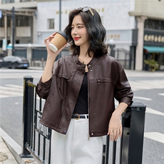 高级感咖色立领皮衣外套女2025秋季新款宽松休闲百搭短款夹克上衣，女装皮衣，梦依缘