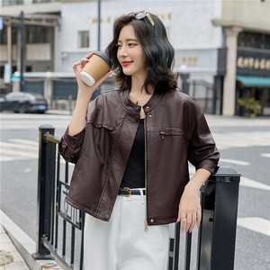 高级感咖色立领皮衣外套女2025秋季新款宽松休闲百搭短款夹克上衣图片