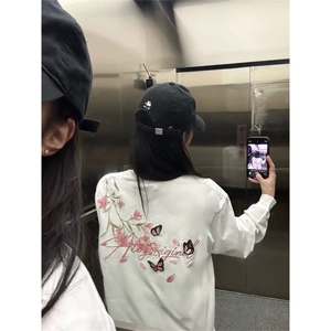 网图有货 美式花卉刺绣长袖男女宽松纯棉情侣打底上衣 A946-P40图片