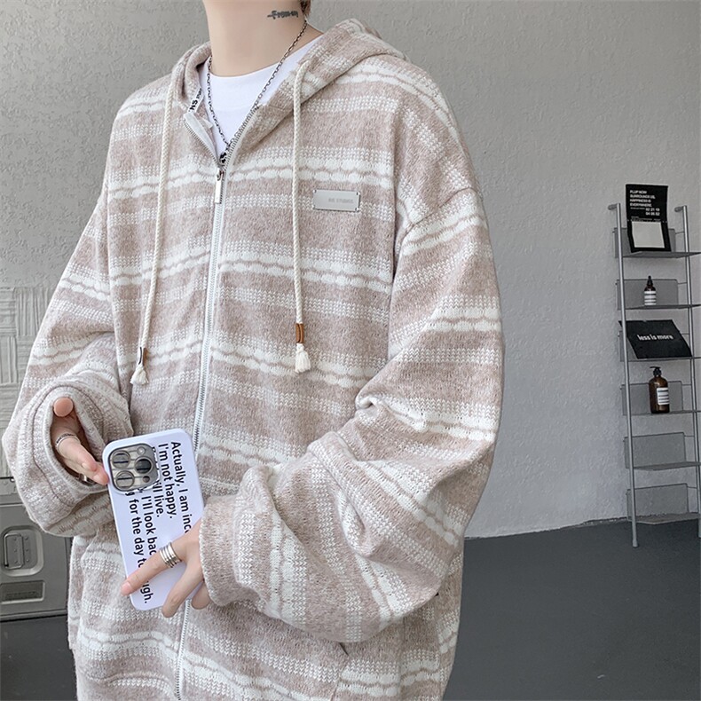 8XL-M潮情侣美式磨毛编织条纹针织衫卫衣宽松拉链外套WY30P88,男装针织衫/毛衣,电商D206-1