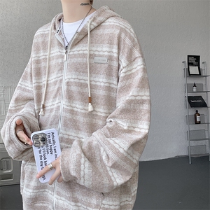 8XL-M 潮情侣美式磨毛编织条纹针织衫卫衣宽松拉链外套WY30P88图片