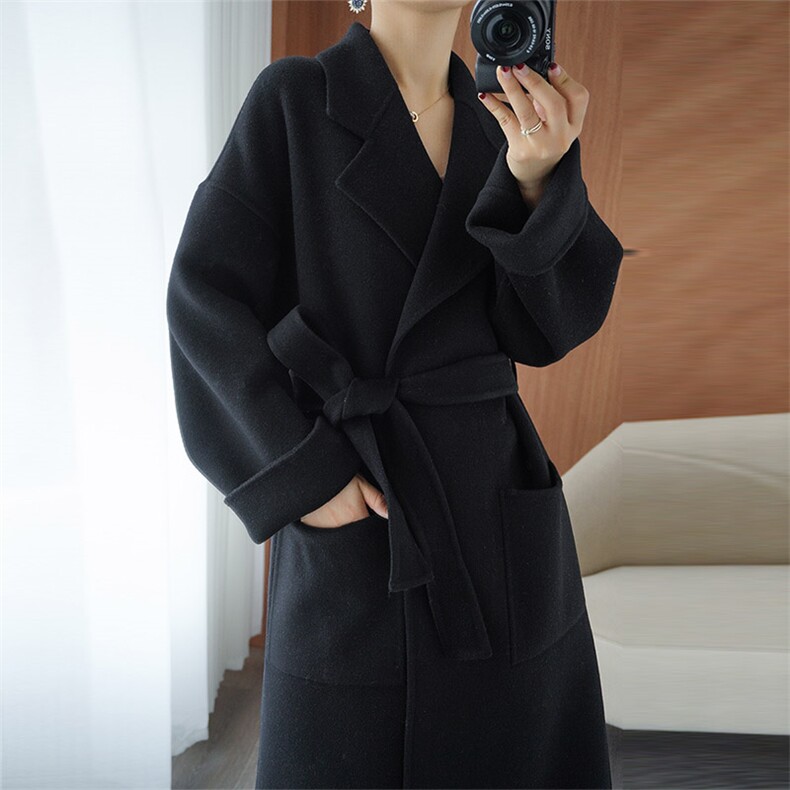 优雅显瘦黑色双面呢大衣简约大气时尚秋冬外套，女装双面呢大衣，乾庄羊绒