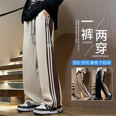 春款男卫裤贴标三条杠条纹拼接抽绳束脚长裤大码M-5XLH108P65，男装休闲裤，星座1013-1