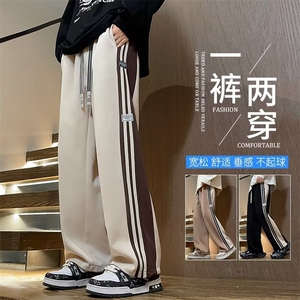 春款男卫裤贴标三条杠条纹拼接抽绳束脚长裤大码M-5XL H108 P65图片