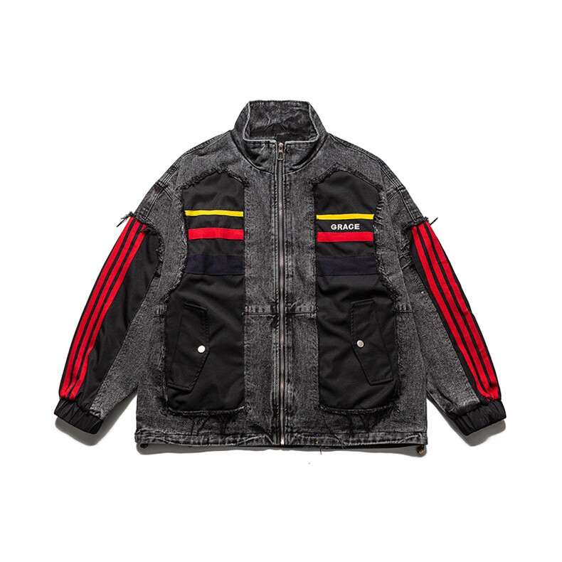 现货牛仔拼色立领街头潮牌外套夹克飞行服，男装工装外套，电商A105
