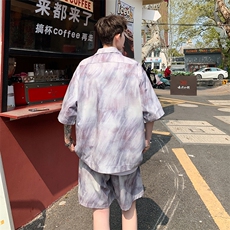 2025美式扎染印花冰丝凉感短袖碎花衬衫薄套装TZ5655/特P45紫色，男装T恤，电商A094