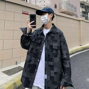 港风复古工装牛仔衬衫男潮牌水洗做旧上衣长袖宽松薄款格子外套潮