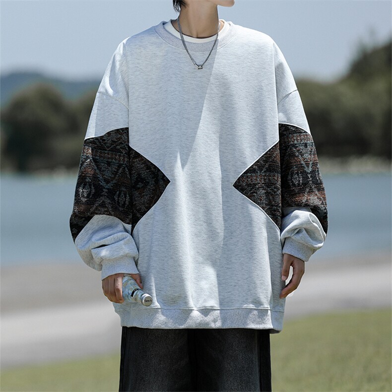 8XL-M 春秋季圆领拼接撞色民族风卫衣男新款潮牌上衣服WY005P58图片