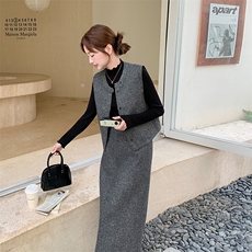 灰色高级感小香风马甲套装裙女2025秋季复古气质轻熟风毛呢三件套，女装套装/套裙，纯色衣恋