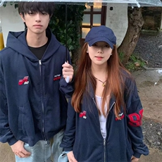 美式复古运动刺绣vibe连帽卫衣外套男春秋季宽松休闲简约帽衫，女装短外套，四季星座505