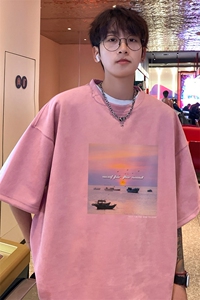 ！2025夏季男士麂皮绒短袖T恤潮牌情侣半袖衫TL2465特P19图片