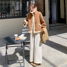 现货咖色皮毛一体羊羔毛外套5803-P185-K268，女装派克服，2C159