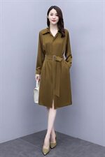 2021年秋季纯色通勤淑女长袖中长款系带口袋连衣裙，女装连衣裙，安之芮娜