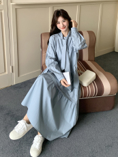 春现盐系浅蓝色条纹休闲风连衣裙B190-5010-P135-K198，女装连衣裙，2B190
