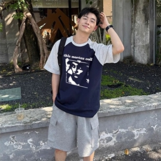 抖音得物高品质二开240克宽松纯棉美式潮牌插肩袖拼接短袖T恤，男装T恤，电商A486