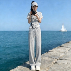 个性潮流时尚套装女夏季新款钉珠蕾丝花边设计短袖阔腿长裤两件套，女装套装/套裙，江南