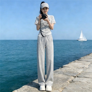 个性潮流时尚套装女夏季新款钉珠蕾丝花边设计短袖阔腿长裤两件套图片