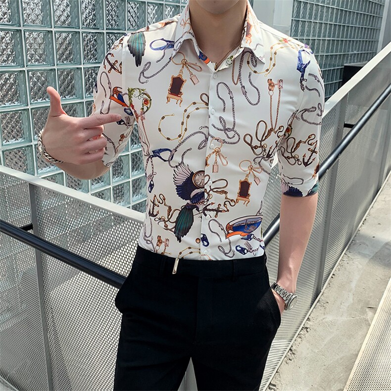 2021夏季社会风中袖花衬衫男士修身七分袖半袖衬衣A470-CS10图片