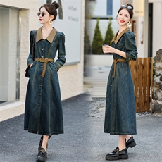 （新款现货）2026春秋新时尚复古色显瘦PU领子拼接牛仔连衣裙，女装连衣裙，印象茜