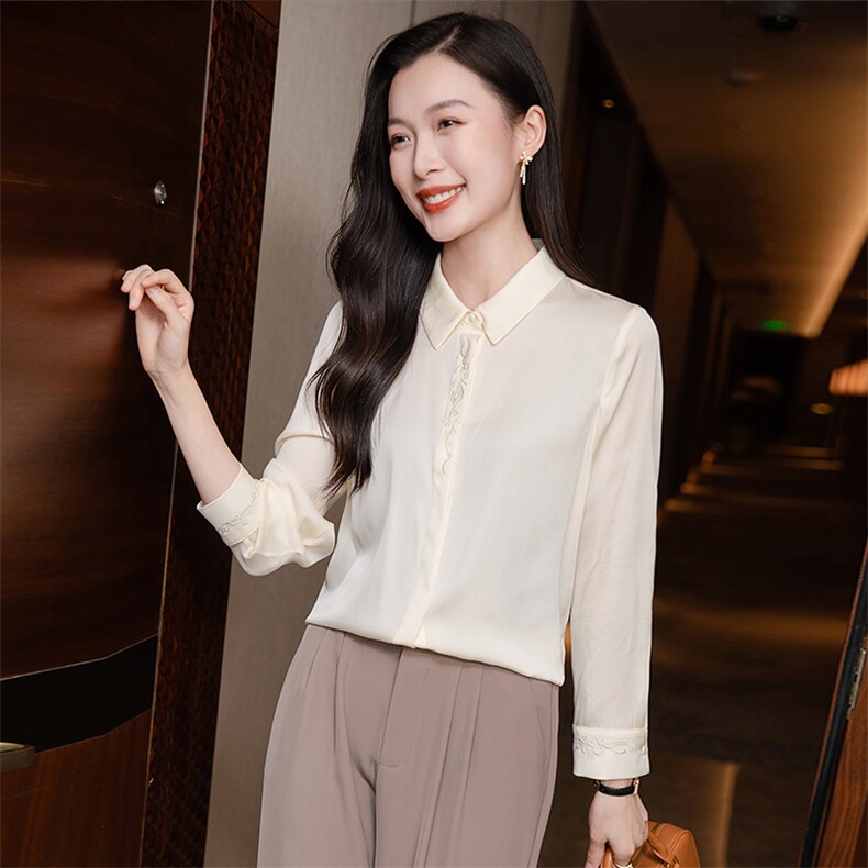 纯色绣花真丝衬衫女长袖宽松2026春季妈妈纯色衬衣显瘦真丝上衣,女装衬衫,阿舍尔精品