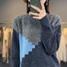秋冬新款100%纯羊毛衫女圆领拼色针织毛衣秋冬宽松羊绒衫打底上衣，女装羊毛衫，琳尚羊绒
