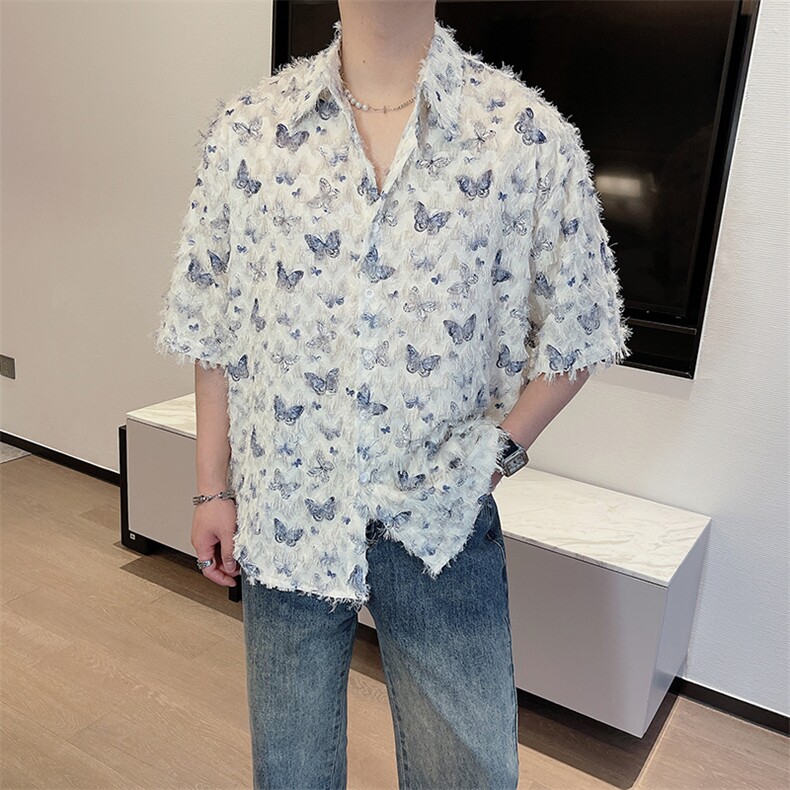 夏季新款小众蝴蝶毛边流苏设计感短袖衬衫痞帅网红衬衣0239-P63,男装T恤,电商B267