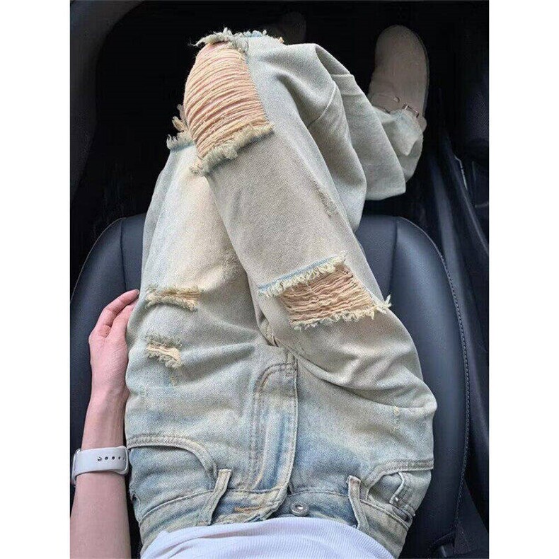 美式高街做旧破洞牛仔裤女夏季设计感高腰显瘦阔腿长裤L91366-P48,男装牛仔裤,星座1008