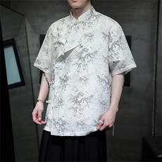 真棉麻现货中式风新款24夏季竹叶提花短袖上衣CS35-P65，男装T恤，电商A021