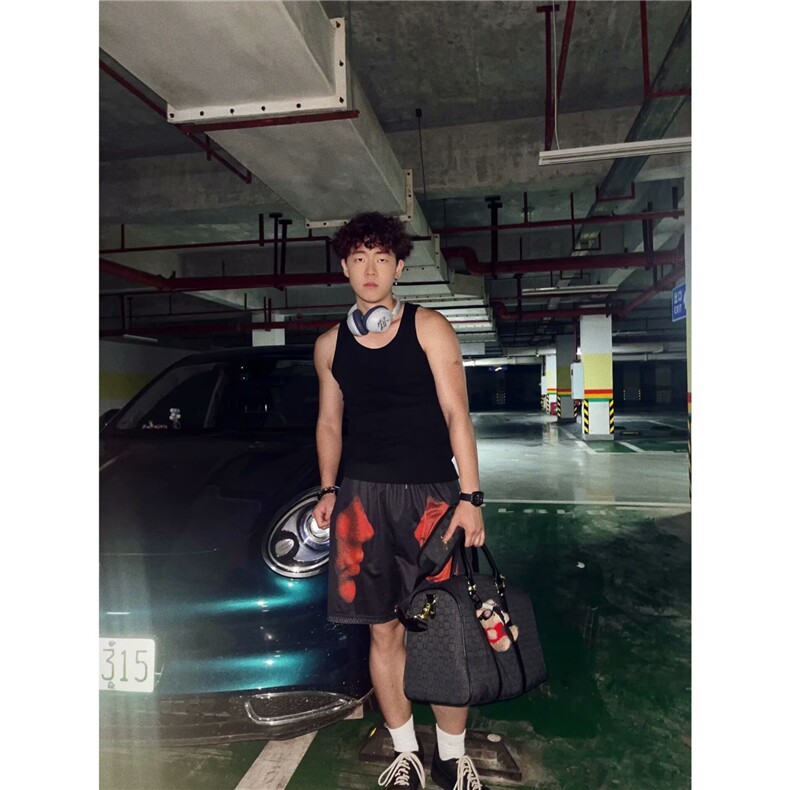 美式高街条纹印花不过膝网眼短裤潮牌夏季男女高街百搭休闲四分裤,男装牛仔裤,星座1210-1