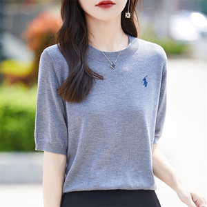 夏新款桑蚕丝羊毛短袖女圆领刺绣高级感薄款T恤宽松针织半袖上衣图片