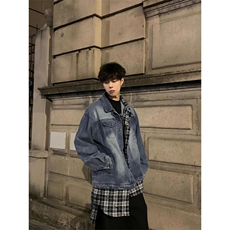 【有货】假两件牛仔外套男春秋格子衬衫拼接工装夹克JK8624LL-P85，男装夹克，星座1007（原301D）