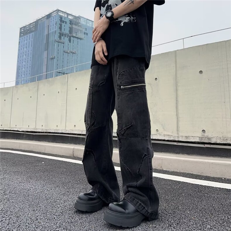 复古设计感阔腿牛仔裤男高腰街头青少年高街直筒宽松长裤8073P60,男装牛仔裤,星座410-2