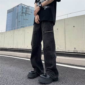 复古设计感阔腿牛仔裤男高腰街头青少年高街直筒宽松长裤8073 P60图片