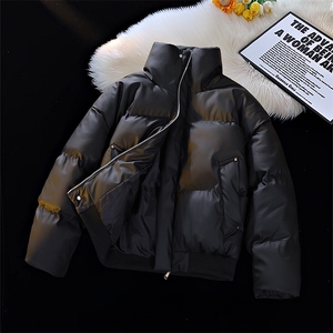 现货5W件冬季三防重磅硬挺boxy短款羽绒立领PU皮棉衣外套加厚棉服图片